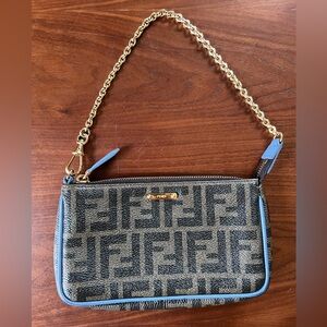 Fendi Brown Zucca Mini Shoulder Bag with Blue Trim and Gold Chain